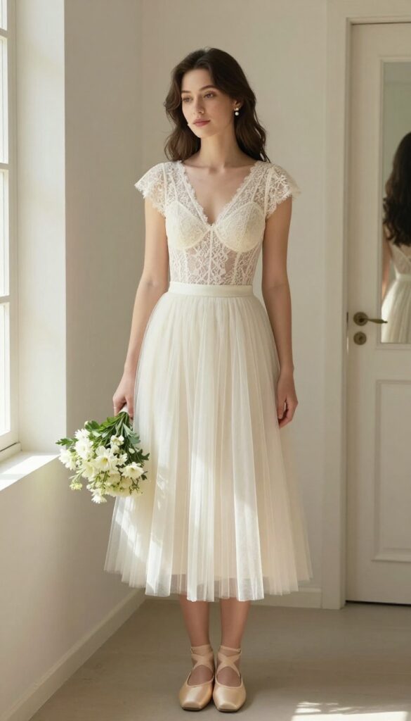 Woman in ivory lace bodysuit and tulle skirt standing in garden with bouquet, ballet flats and pearl earrings, romantic wedding outfit.