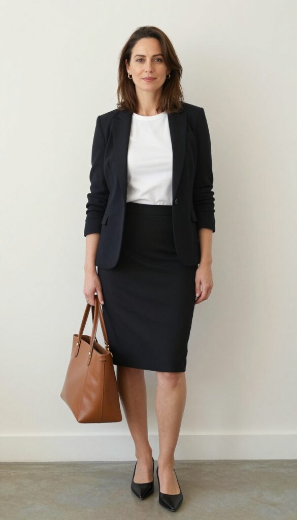 8. Asymmetrical Hem Skirt + Simple Tee + Blazer