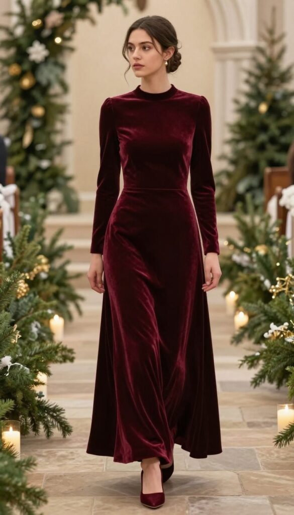 Bride in burgundy velvet wedding dress with long sleeves and train, standing in candlelit church aisle