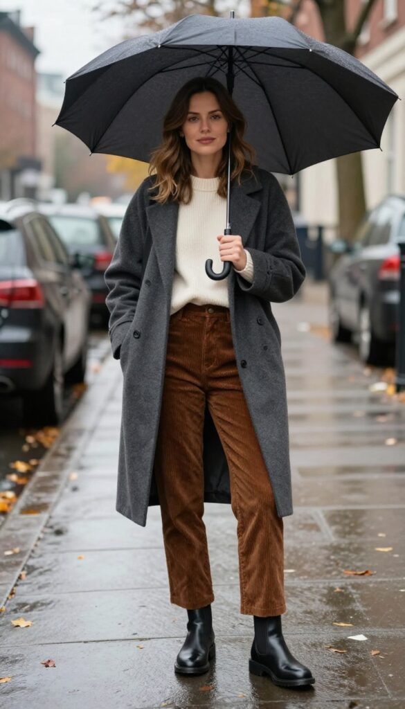 7. Corduroy Pants + Cashmere Sweater + Wool Coat + Chelsea Boots