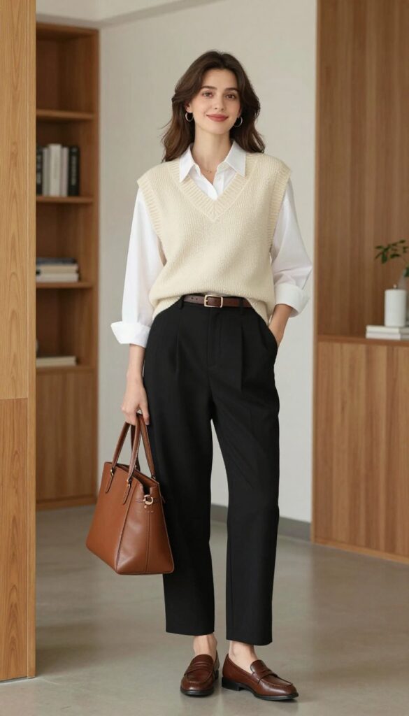 11. Sweater Vest + Button-Down + Black Pants