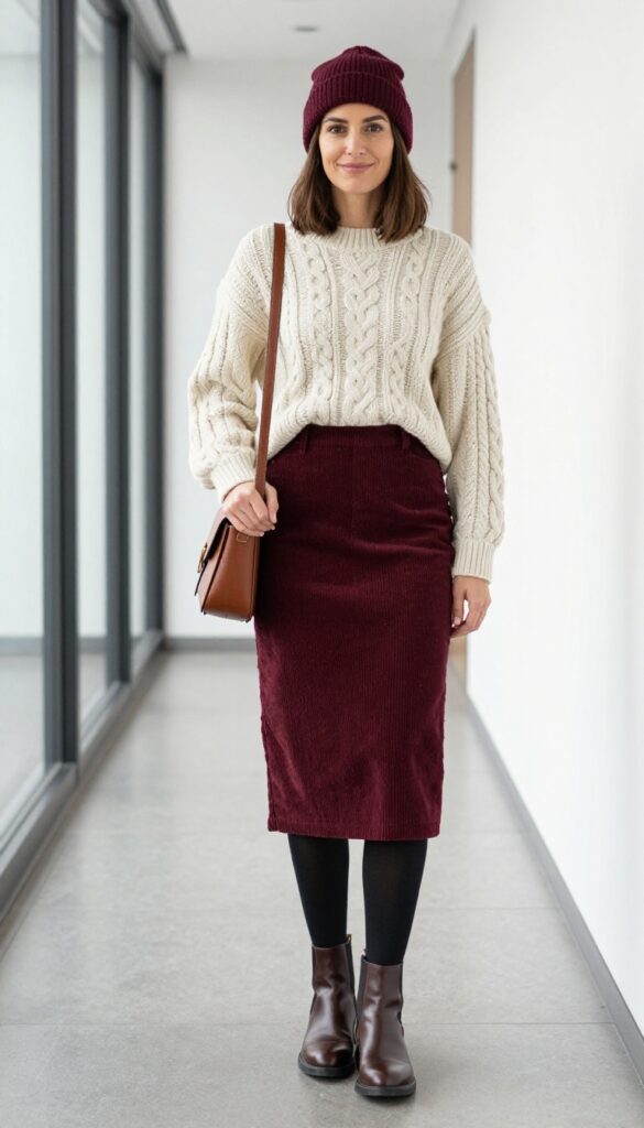 15. Corduroy A-Line Skirt + Chunky Sweater