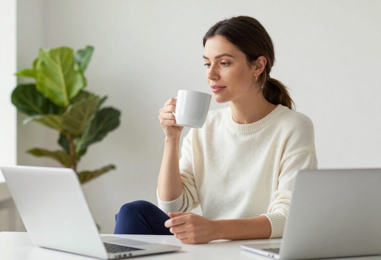 Woman wearing a cozy knit sweater and joggers while working from home