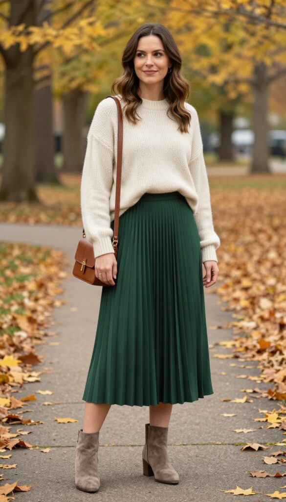 1. Chunky Knit Sweater + Pleated Maxi Skirt + Ankle Boots