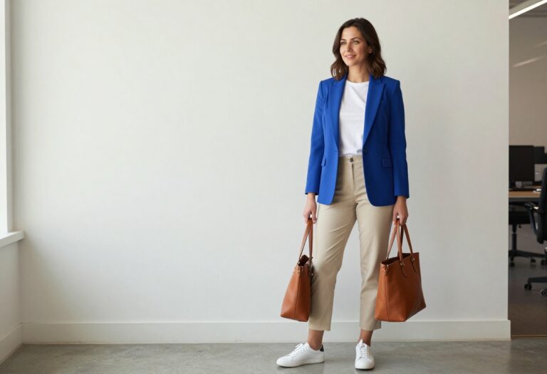 Woman in cobalt blazer and white tee standing in office lobby
