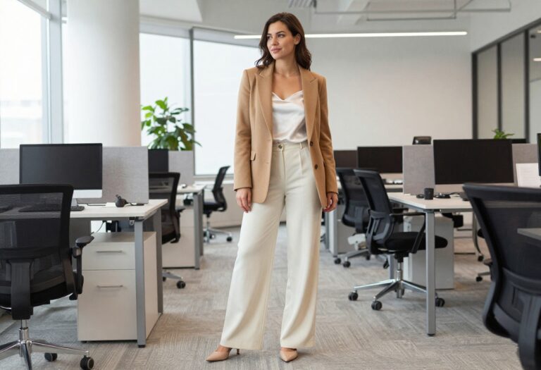 Woman in camel blazer and wide-leg trousers posing in a bright office
