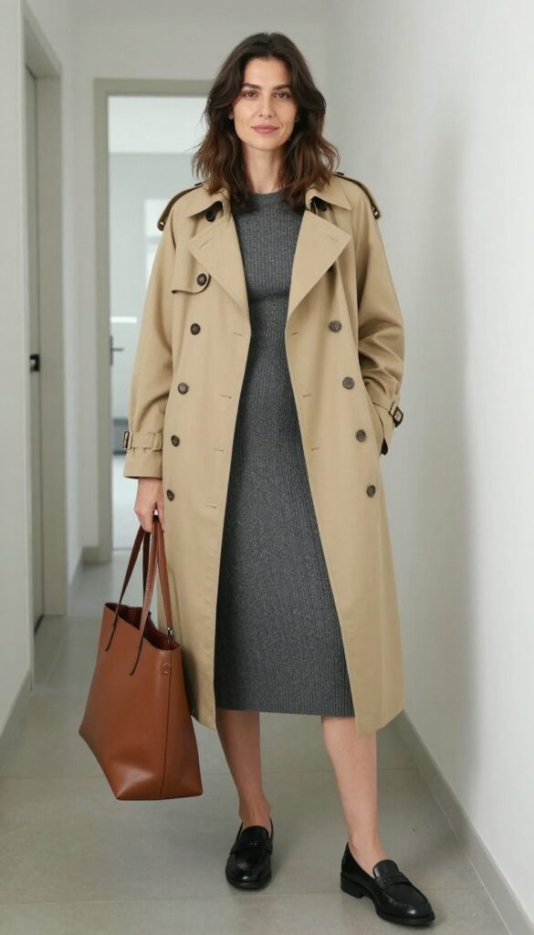 10. Trench Coat + Knit Dress + Loafers