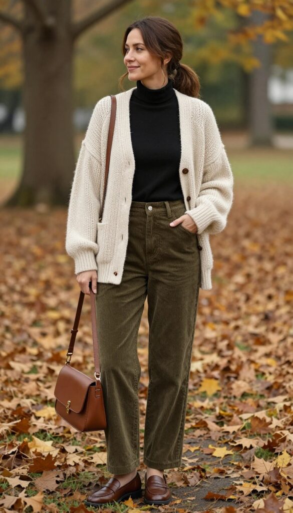 4. Chunky Cardigan, Turtleneck, and Corduroy Pants