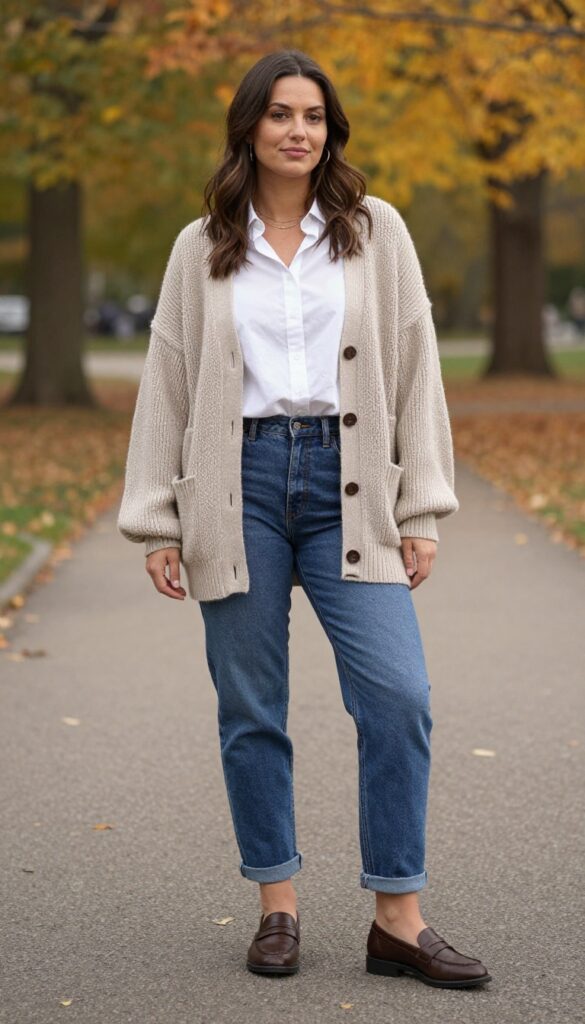 4. Oversized Cardigan + Button-Up Shirt + Straight-Leg Jeans