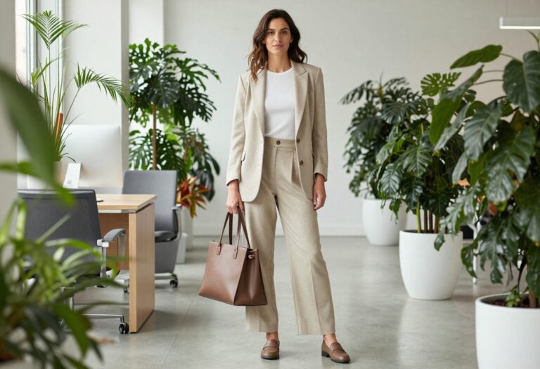 Woman in Korean office outfit with blazer and wide-leg trousers