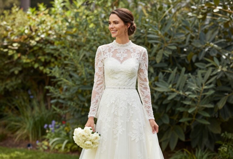 Woman in lace wedding dress with high neck and long sleeves standing in garden