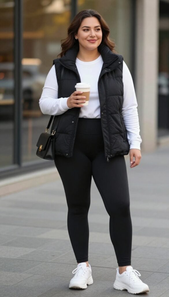 1. Puffer Vest with Leggings and Sneakers