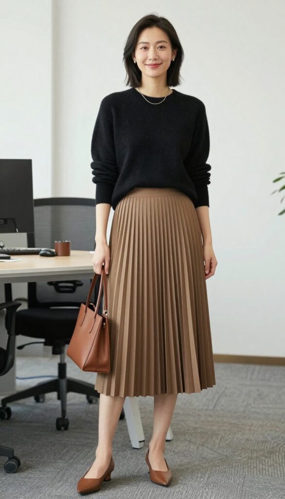 7. Pleated Midi Skirt with a Tucked-In Knit