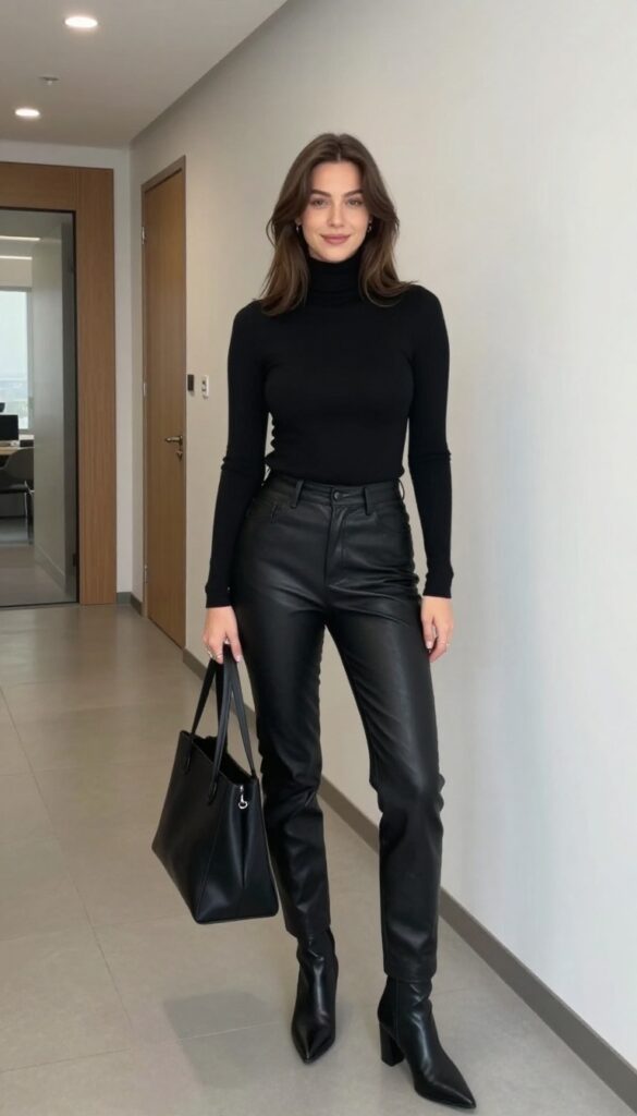 4. Turtleneck + Leather-Look Pants + Ankle Boots