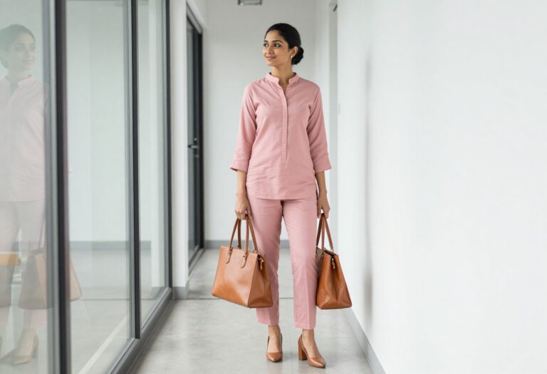 Woman in pink kurta and straight pants standing in office hallway