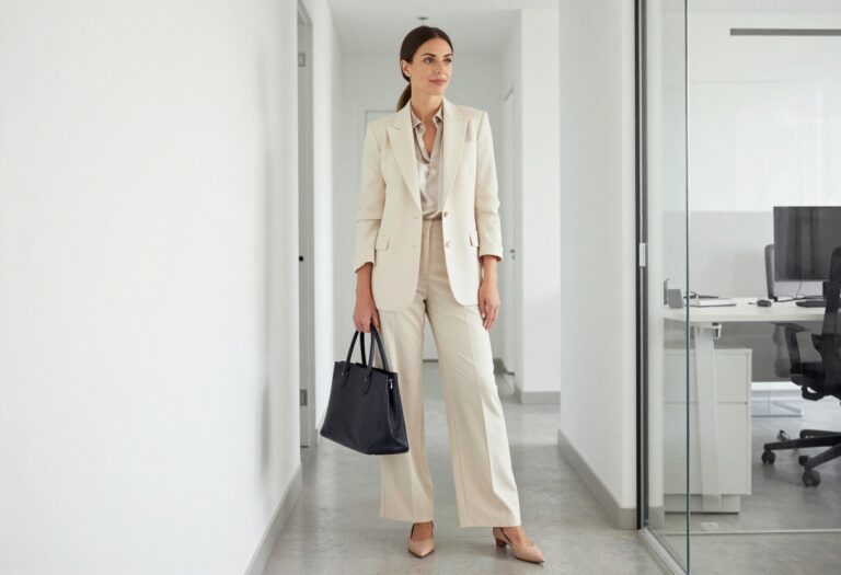 Woman in cream blazer and wide-leg trousers standing in office hallway