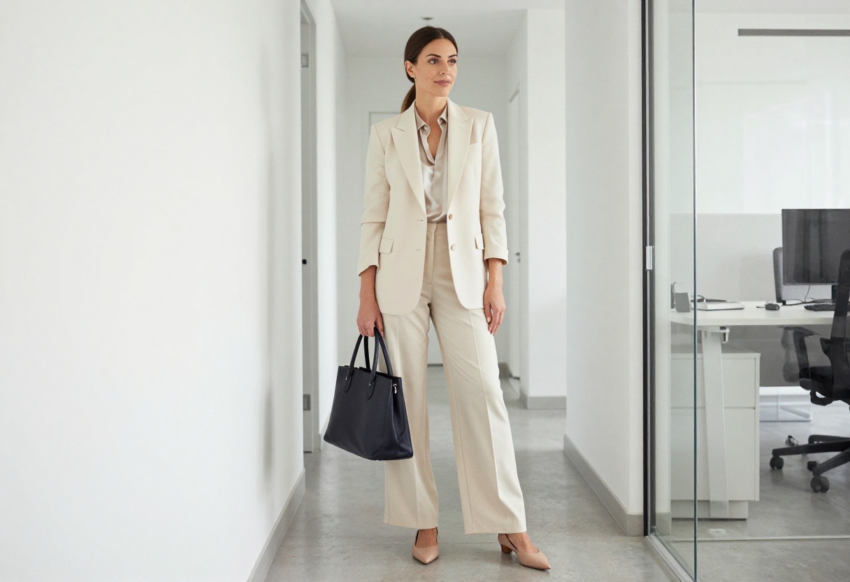 Woman in cream blazer and wide-leg trousers standing in office hallway