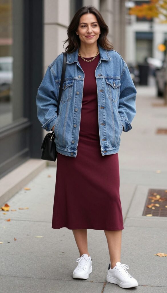 9. Denim Jacket + Slip Dress + White Sneakers