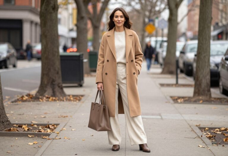 Woman in camel coat and cream sweater with wide-leg trousers standing in autumn park