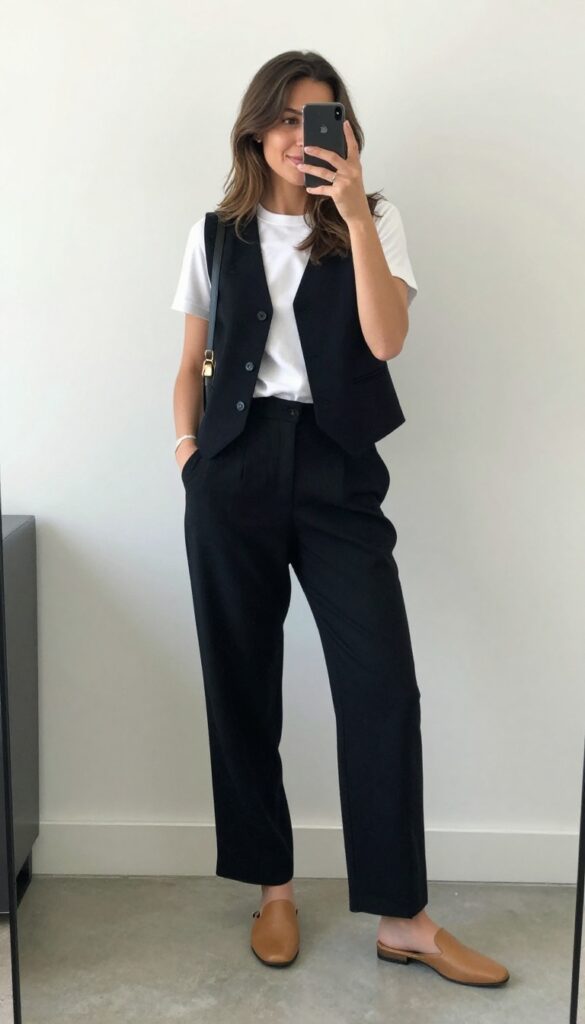 11. Tailored Vest + Wide-Leg Pants + Mules