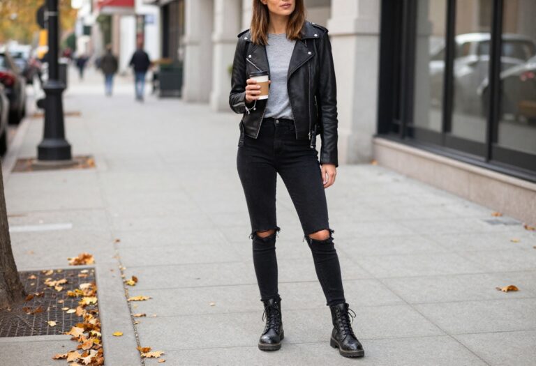 Woman in edgy fall outfit with leather jacket, band tee, ripped jeans, and combat boots on city street