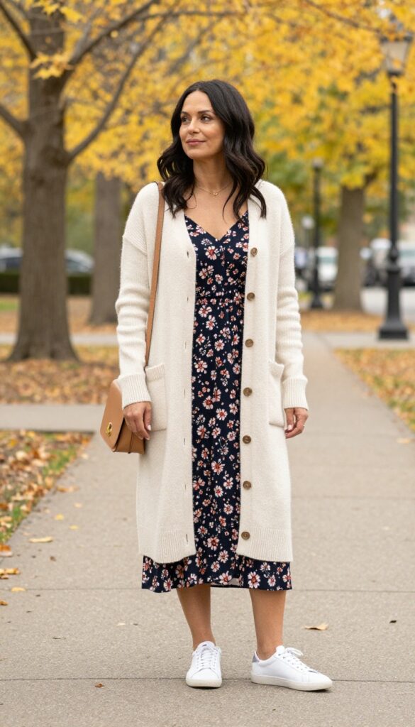 12. Longline Cardigan with a Slip Dress and Sneakers