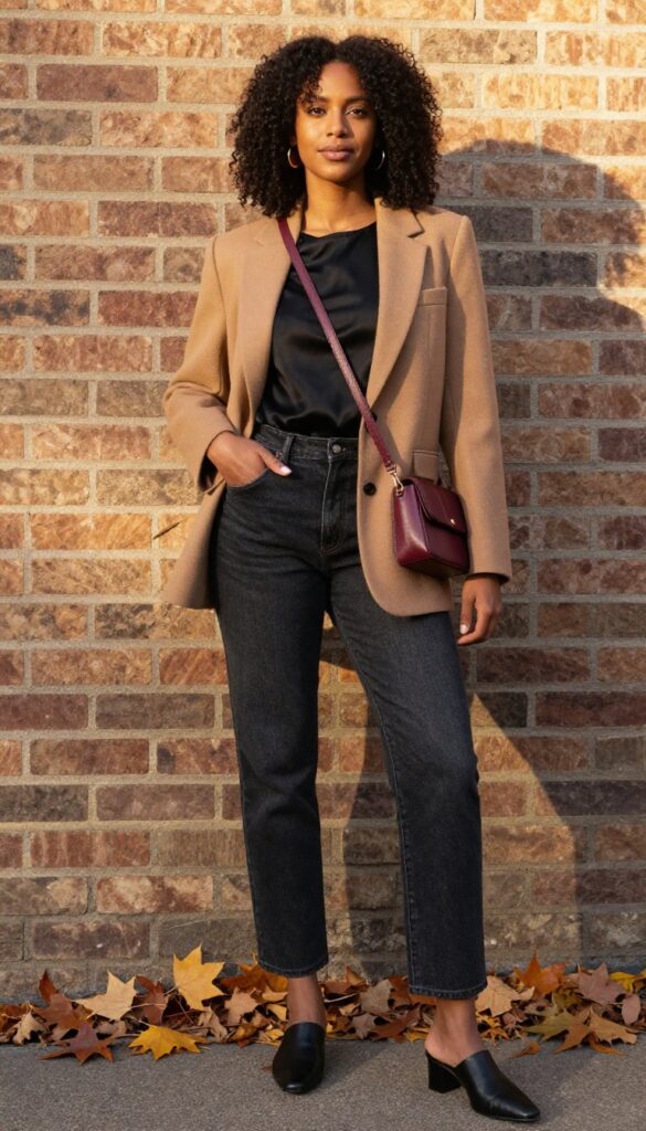 13. Wool Blazer + Silk Camisole + High-Waisted Jeans + Mules