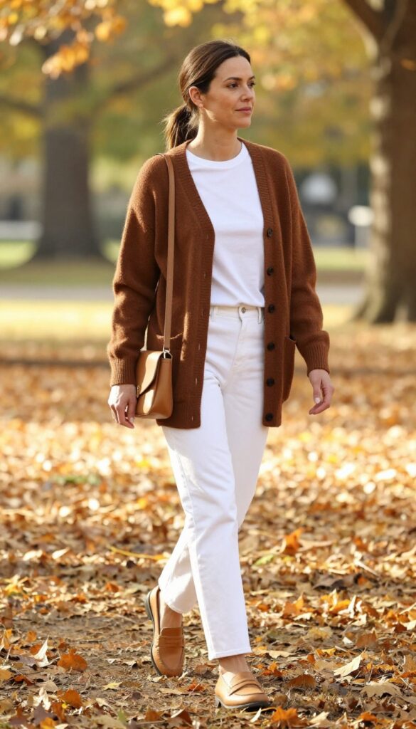 10. Cocoa Brown Cardigan with White Jeans