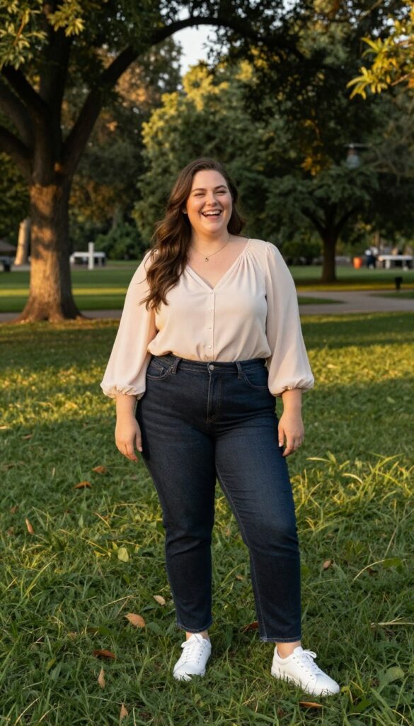 4. Classic Denim and a Flowy Blouse for a Casual Vibe