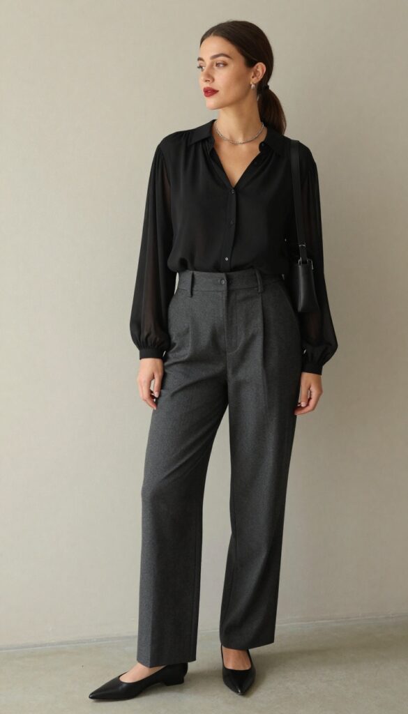 7. Sheer Sleeves and Structured Trousers