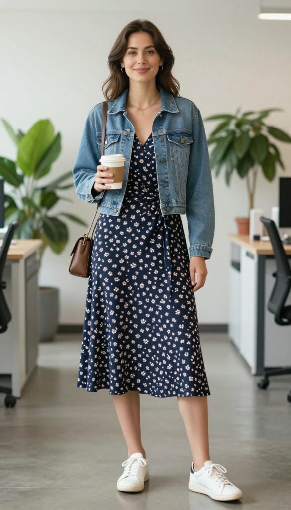 12. The Wrap-Front Midi Dress with a Denim Jacket