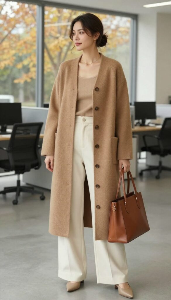 7. Cardigan as a Top with Wide-Leg Trousers and Mules