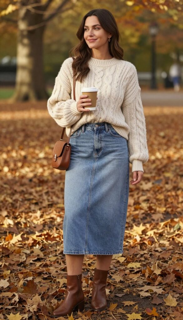 8. Cable-Knit Sweater + Denim Skirt + Ankle Boots