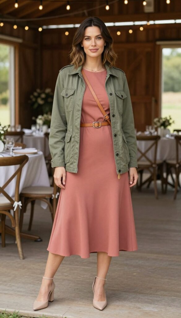 Young adult woman with warm skin tones wearing dusty rose fit-and-flare dress, olive utility jacket, tan belt bag crossbody, nude block heels at rustic barn wedding with string lights.