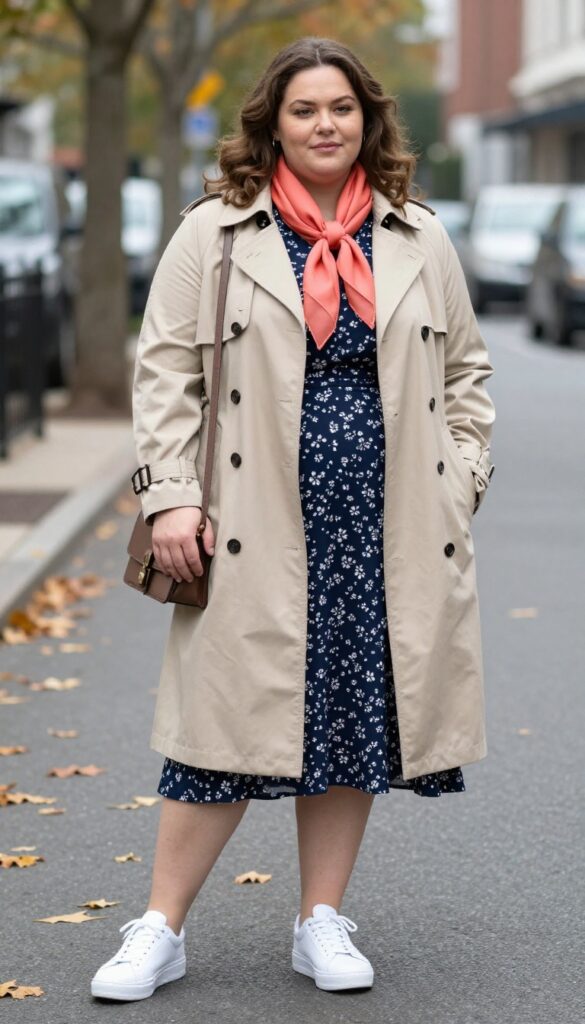 11. Trench Coat + Midi Dress + Sneakers