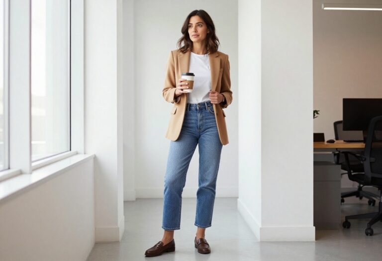 Woman in camel blazer, white tee, straight-leg jeans, and loafers standing in an office hallway