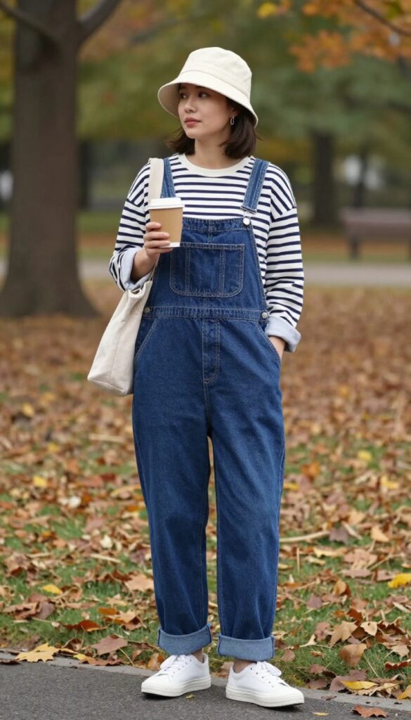 12. Denim Overalls with a Striped Long-Sleeve Tee