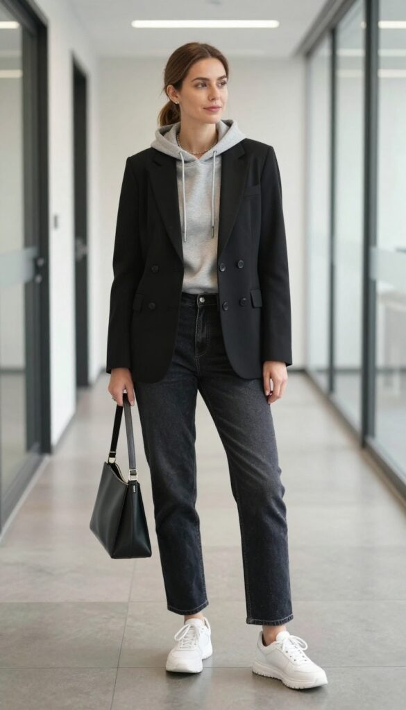 3. Hoodie + Blazer + Straight-Leg Jeans + Chunky Sneakers