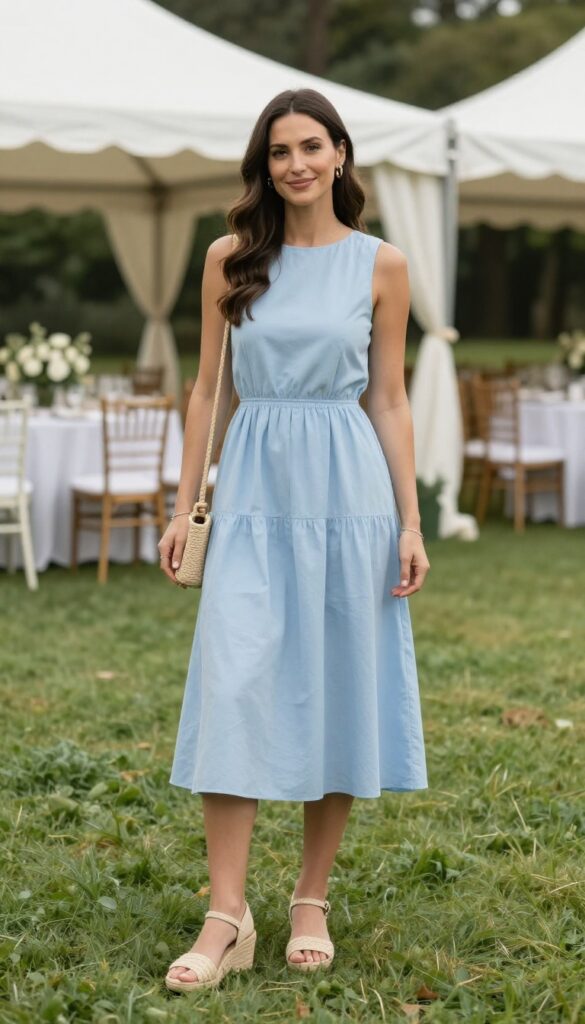 Woman in pastel blue A-line dress and woven wedges at outdoor wedding reception