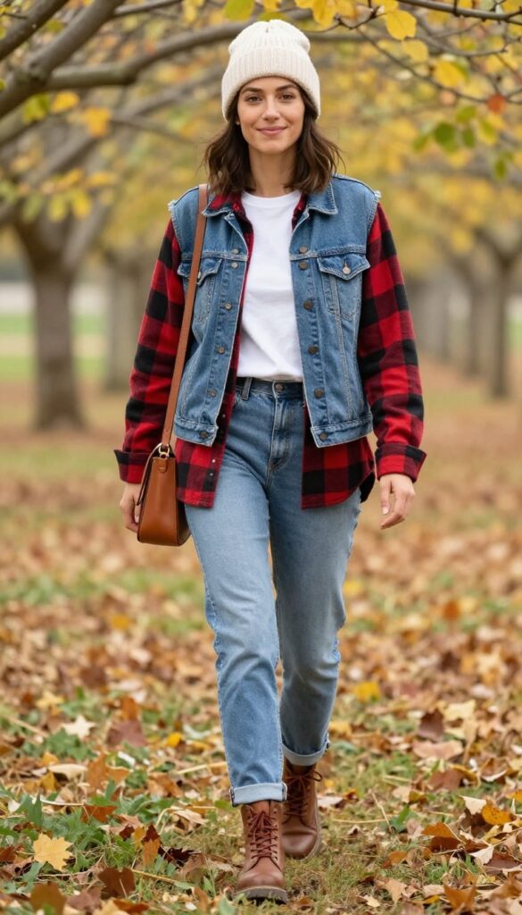 6. Jean Jacket + Flannel Shirt + Cuffed Jeans