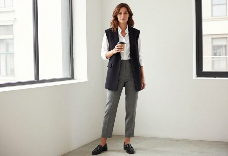 Woman in black vest and white button-down with tailored trousers in a bright office