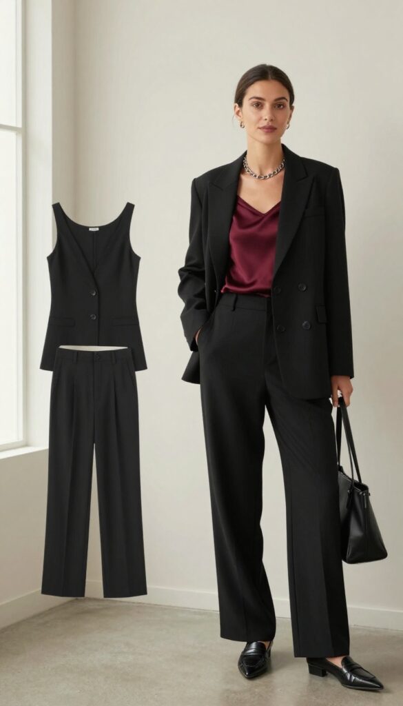 1. The Classic Black Blazer + Silk Camisole + Wide-Leg Trousers