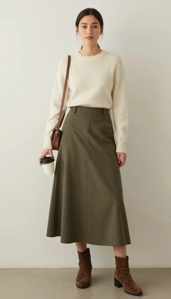 2. Knit Sweater + Midi Skirt + Ankle Boots