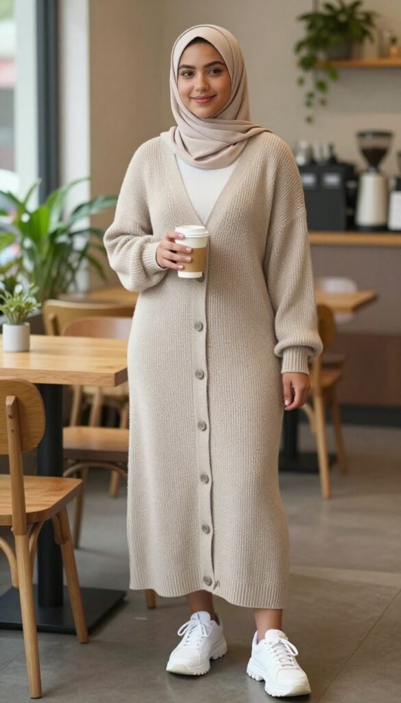 1. Oversized Cardigan + Midi Skirt + Sneakers