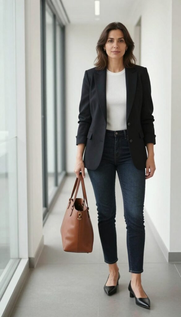 3. Blazer with Dark Wash Jeans and a Bodysuit