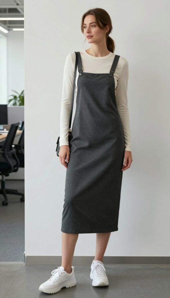 8. Pinafore Dress + Long-Sleeve Tee + Chunky Sneakers