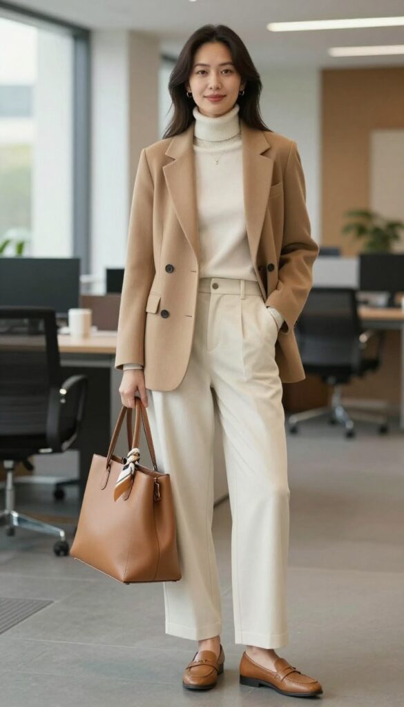 1. Camel Blazer + Cream Turtleneck + Wide-Leg Trousers