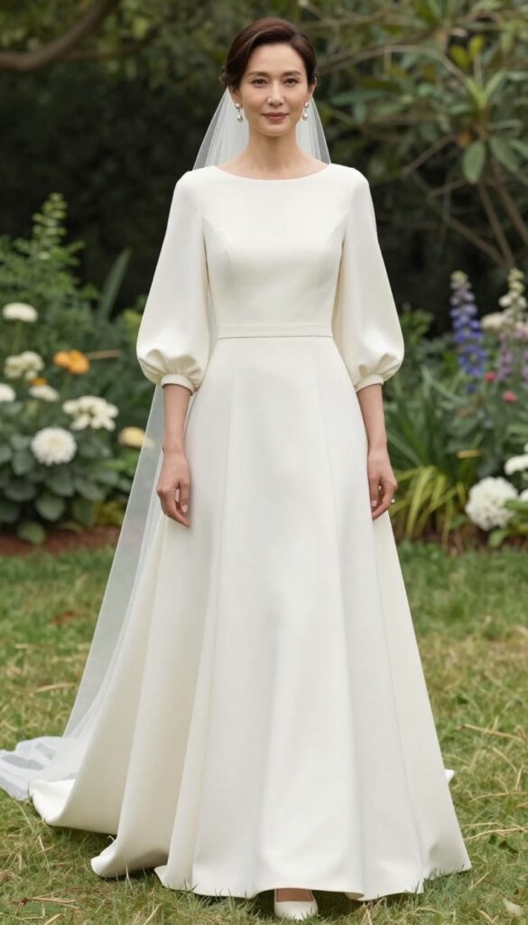 Woman in wedding dress with bishop sleeves and court train in sunlit garden