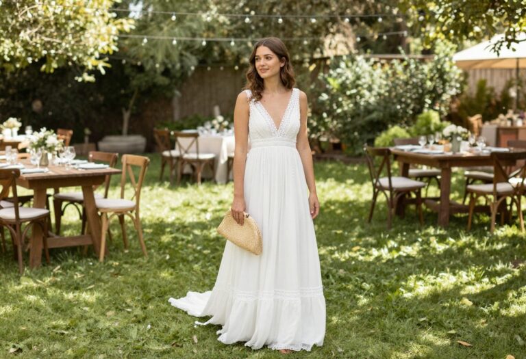 Woman in flowy Greek wedding dress at casual outdoor reception