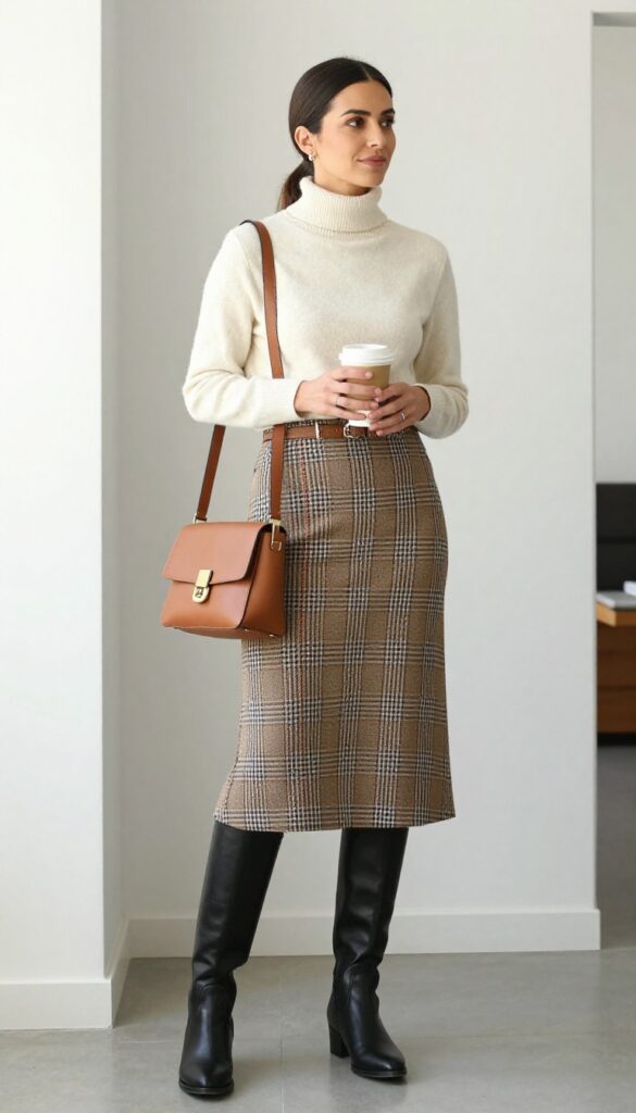 9. Plaid Midi Skirt + Cream Turtleneck